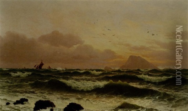 Fishing Boats Off A Rocky Coast At Sunset Oil Painting - David James