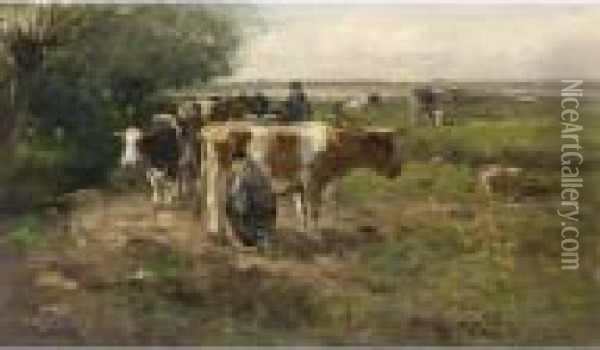 Milking Time Oil Painting - Willem George Fred. Jansen