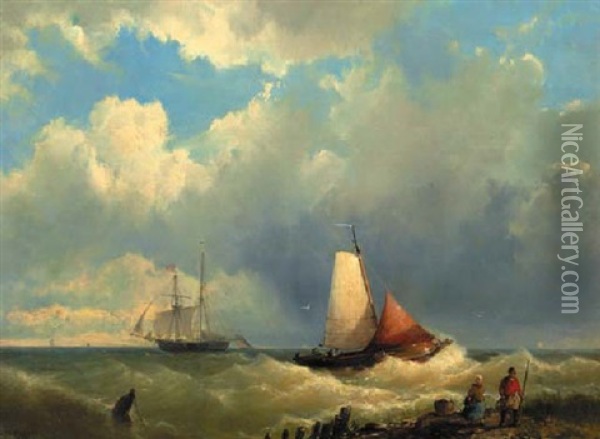 Shipping Off The Coast Oil Painting - Johannes Hermanus Barend Koekkoek