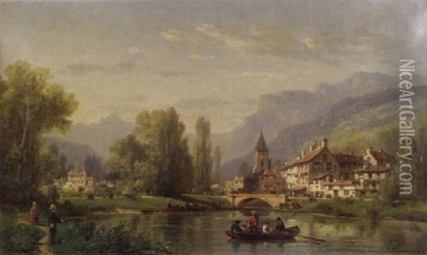 Afternoon On The River / An Animated Town View Oil Painting - Charles Euphrasie Kuwasseg