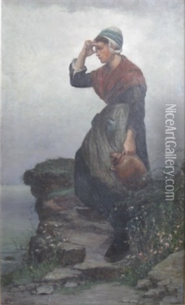 Woman Gazing At The Sea Oil Painting - Walter Satterlee