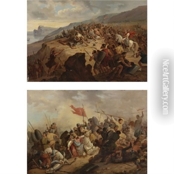 Battle Scene (+ Another; Pair) Oil Painting - Henri Felix Emmanuel Philippoteaux