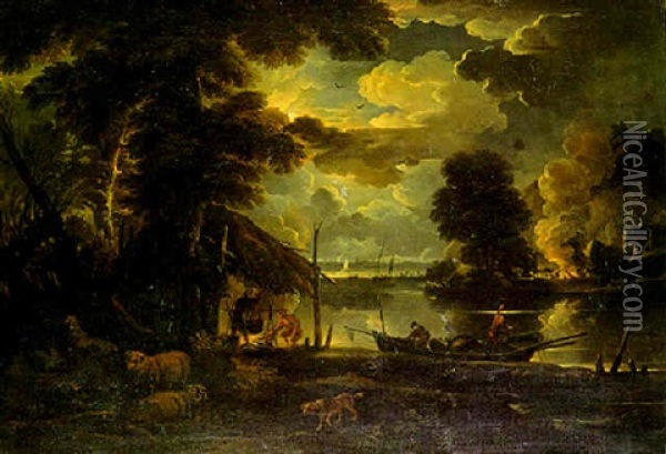 A Moonlight Landscape With Figures By A Campfire And Fishermen On A Lake Oil Painting - Pieter Mulier the Younger