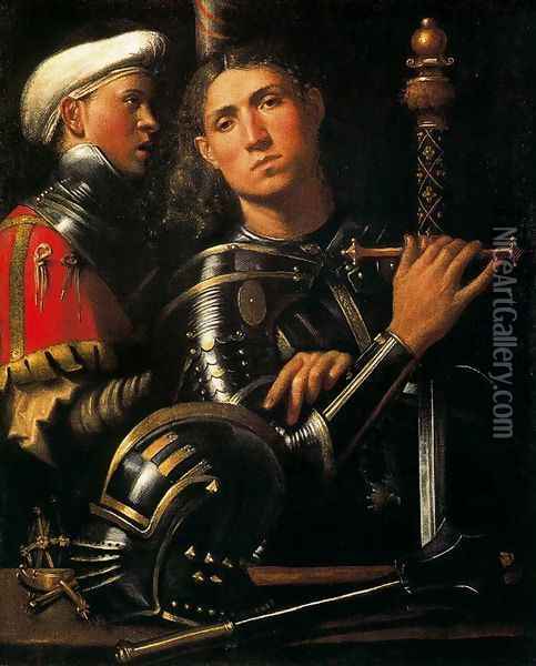 Portrait of Warrior with his Equerry c. 1509 Oil Painting - Giorgione