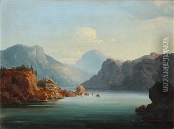 A Pair Of Fiord Scenes From Norway (pair) Oil Painting - Gustav Adolph Mordt