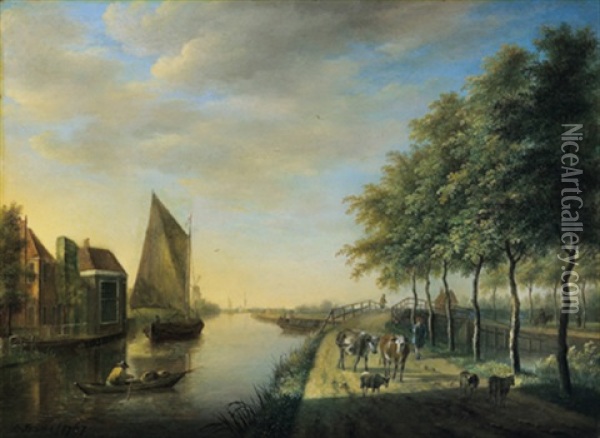 Hollandische Flusslandschaft Mit Booten Und Einer Herde Oil Painting - Johannes I Janson