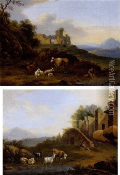 Sudliche Landschaft Mit Ruine Und Vieh (+ Another Similar; Pair) Oil Painting - Jacob Philipp Hackert