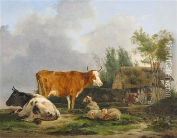 Cattle And Sheep By An Old Thatch Cottage With A Family And Their Dog Oil Painting - Jean-Francois Legillon