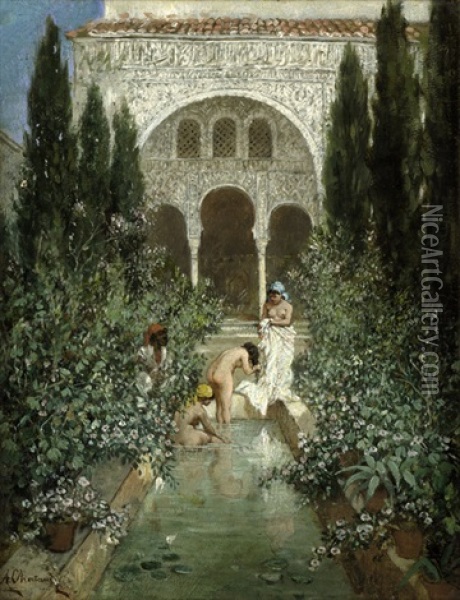 Drei Frauen Beim Bade Im Garten Eines Serail Oil Painting - Marc Alfred Chataud