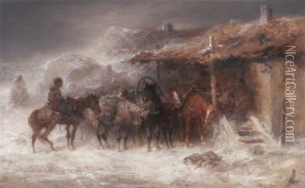 Wallachian Horsemen In Winter Oil Painting - Adolf Schreyer