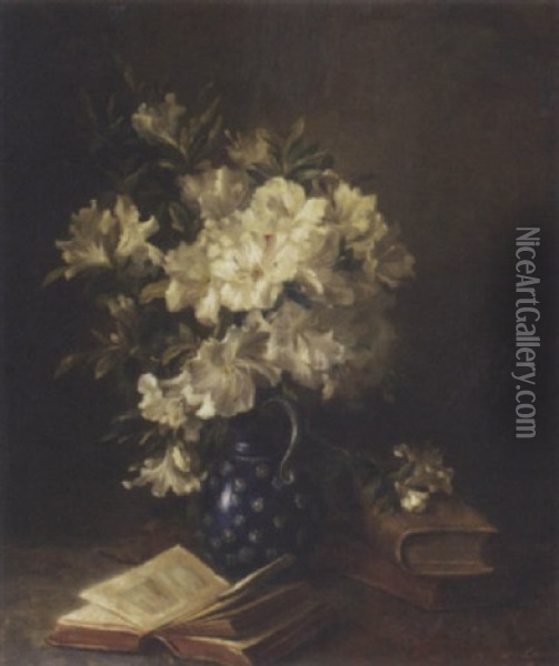 A Still Life With Rhododendrons In A Jug And Books Oil Painting - Hendrika Wilhelmina Van Der Kellen