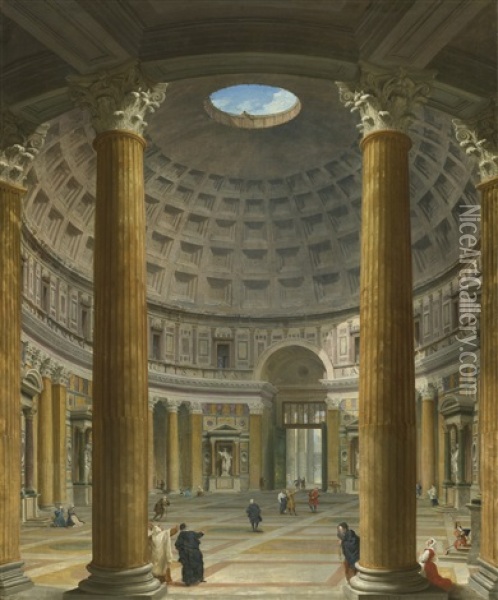 Rome, The Pantheon, A View Of The Interior Towards The Piazza Della Rotonda Oil Painting - Giovanni Paolo Panini