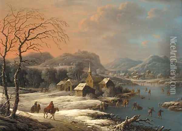 A mountainous winter landscape with ice skaters on a lake near a village Oil Painting - Johann Christian Vollerdt or Vollaert