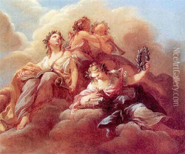 The Muses Of Poetry And Music With Attendant Cherubs Oil Painting - Francois Lemoyne