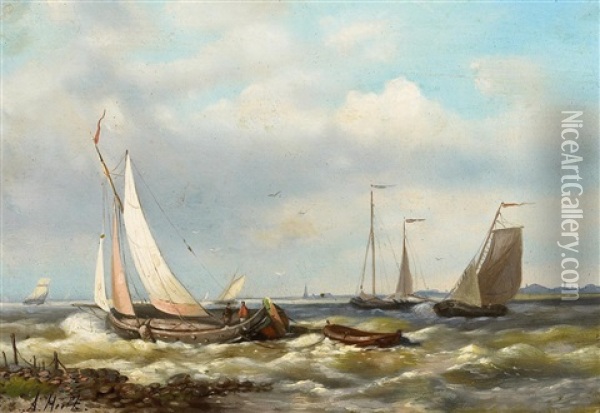 Fischerboote Im Wind Vor Der Kuste Oil Painting - Abraham Hulk the Younger