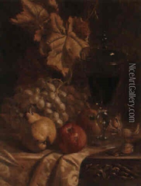 Still Life With Grapes, Apples, A Pear And A Wine Goblet Oil Painting - William Hughes