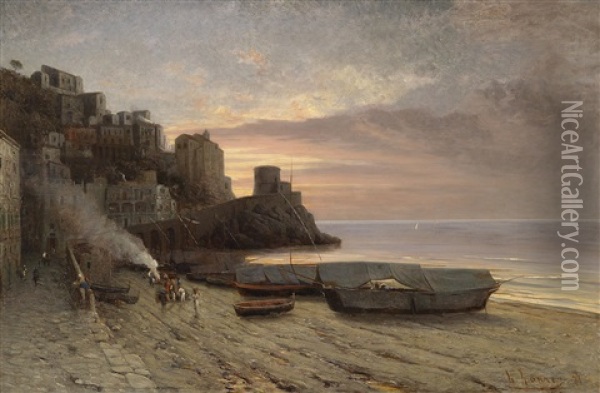 Blick Auf Die Kuste Von Amalfi Im Abendrot Oil Painting - Hugo Paul Harrer