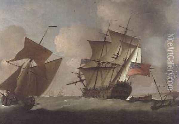 A Third-rate joining her Squadron off Elizabeth Castle Jersey Oil Painting - Peter Monamy