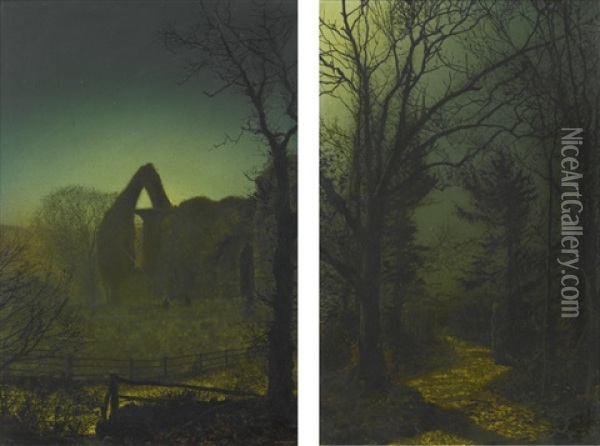 Bolton Abbey By Moonlight; A Wooded Landscape With A Woman Walking On A Path In The Moonlight Oil Painting - John Atkinson Grimshaw