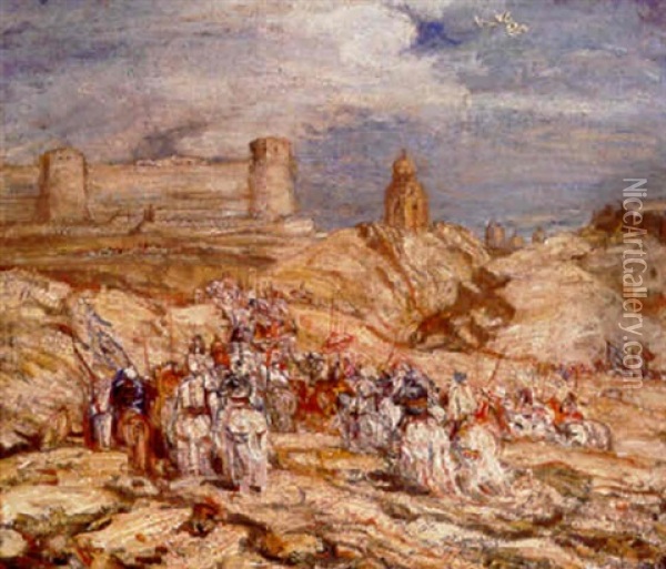 Optoct: Moorish Cavaliers Approaching A Fortified Castle Oil Painting - Marius Bauer