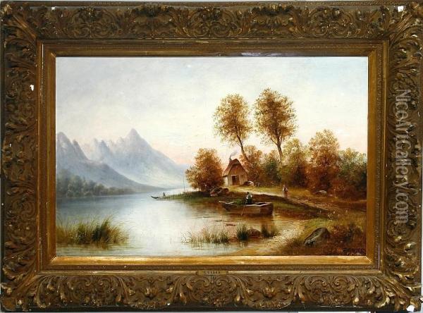 A Southern European Mountain Scenery With Rowing Boats Along The River Coast Oil Painting - Josef Bader