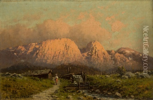 Giewont In Zakopane In A Sunset Oil Painting - Alexander Swieszewski