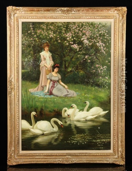 Women Feeding Swans Oil Painting - Alfred Augustus Glendening Sr.