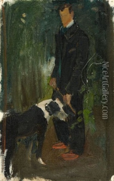 Mon Pere Avec Chien (my Father With Dog) Oil Painting - Ernest Bieler