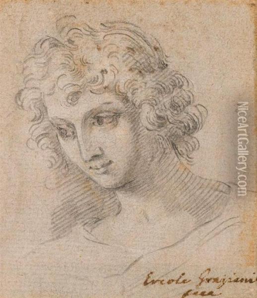 Head Study Of A Young Man With Curly Hair. Oil Painting - Ercole Graziani