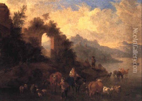 Italianate Landscape With Drovers Watering Cattle Oil Painting - Theobald Michau