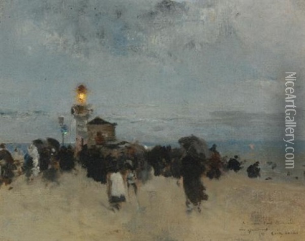 Figures Near A Lighthouse Oil Painting - Luigi Loir