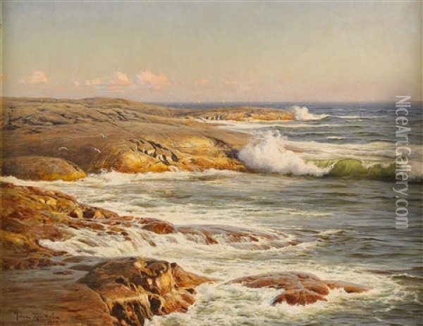 Marstrand - Taudden I Kvallssol Med Seglare Vid Horisonten Oil Painting - Johan Fredrik Krouthen