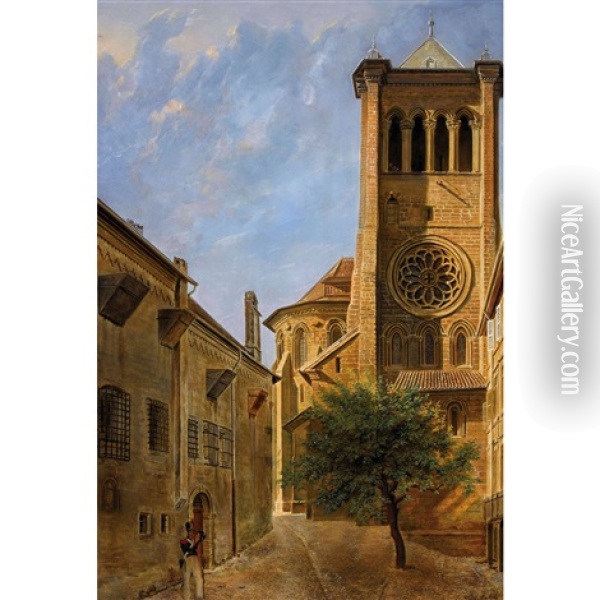 La Cathedrale De Geneve Avec L'ancienne Prison St-antoine Oil Painting - Alexandre-Louis d' Albert-Durade