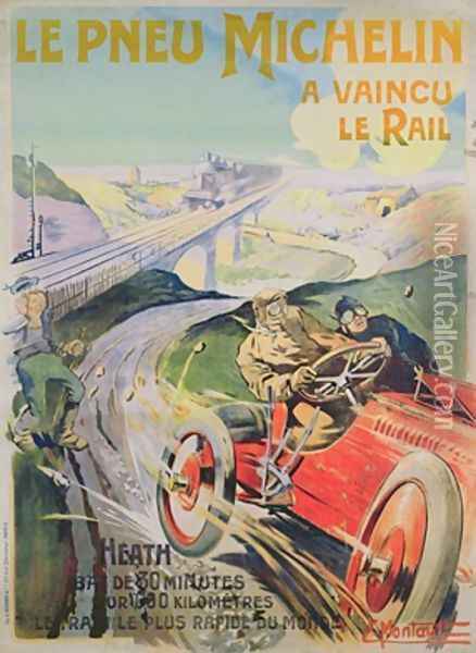 Poster advertising Michelin tyres are faster than rail Oil Painting - Ernest Montaut