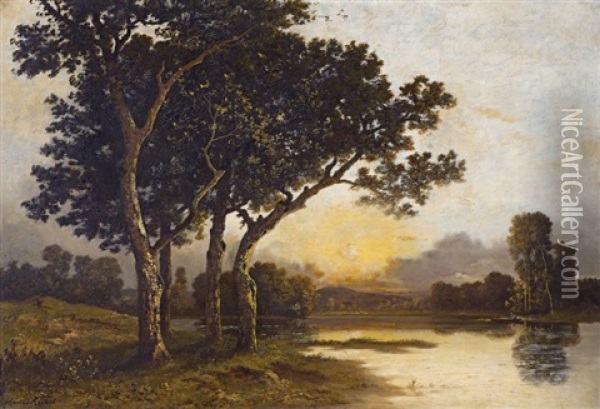 Bord D'etang Le Soir Avec Pecheurs Oil Painting - Leon Richet