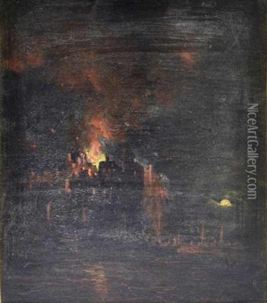 Continental Scene With A City Burning By Moonlight Oil Painting - Aert van der Neer