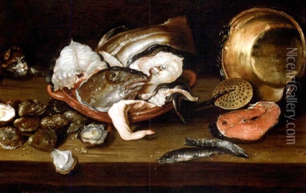 Fish, Oysters, A Copper Pot And Strainer On A Table With A Cat Oil Painting - Isaac Van Duynen