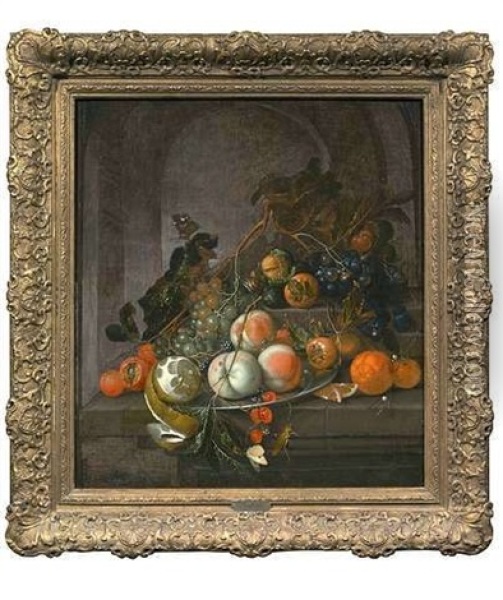 Stilleben Mit Einer Geschalten Zitrone Und Anderen Fruchten Auf Einer Steinernen Tafel Vor Einer Nische Oil Painting - Cornelis De Heem