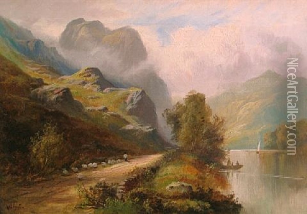 A Mountainous Landscape With A Shepherd And His Flock On A Track By A River Oil Painting - William Gilbert Foster