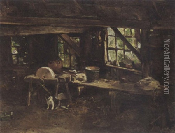 Stable Interior With A Cat Oil Painting - Mari ten Kate