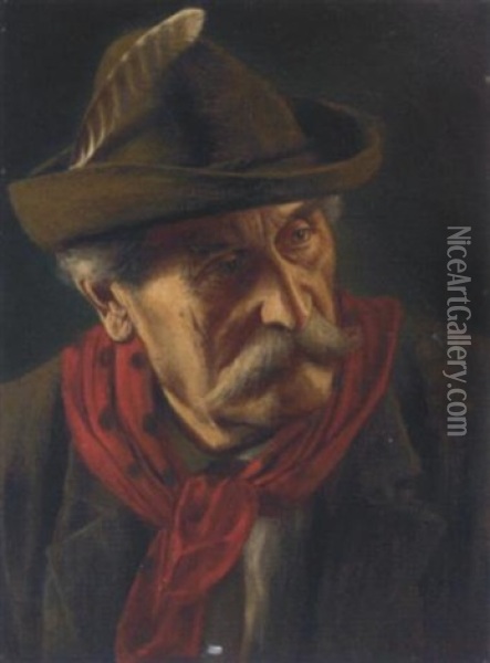 Portrait Of A Tyrolean In A Hat With A Feather Oil Painting - Alois Binder