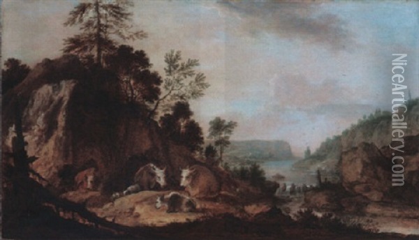 Rocky River Landscape With Herders And Their Cattle Resting Oil Painting - Gillis Claesz De Hondecoeter