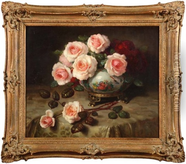 Bouquet De Roses Dans Un Vase Chinois Oil Painting - Pascal De Beucker