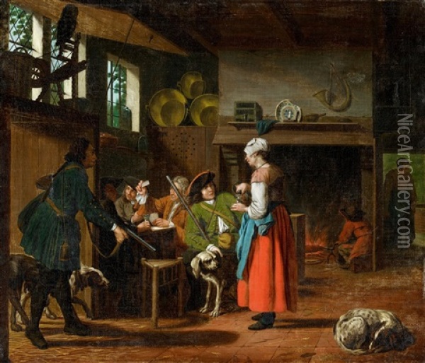 Tavern Scene With Two Huntsmen Oil Painting - Jan Josef Horemans the Elder