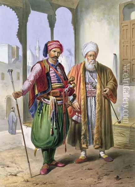 A Janissary and a Merchant in Cairo, illustration from The Valley of the Nile, engraved by Charles Bour 1814-81 pub. by Lemercier, 1848 Oil Painting - Emile Prisse d'Avennes