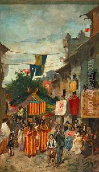 La Fiesta Del Corpus Christi, Rocafort Oil Painting - Ignacio Pinazo Camarlench