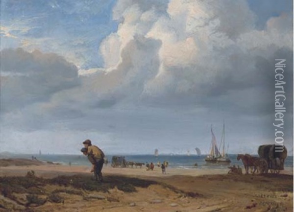 The Beach At Trouville Oil Painting - Jules Achille Noel