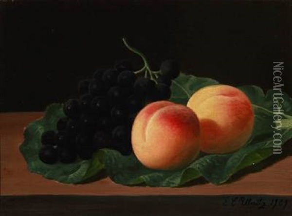 Still Life With Peaches And Grapes On A Cabbage Leaf Oil Painting - E.C. (Emil C.) Ulnitz