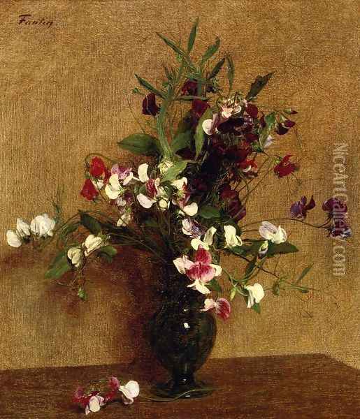 Sweet Peas in a Vase Oil Painting - Ignace Henri Jean Fantin-Latour