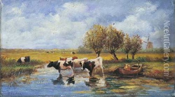 Landschaft Mit Teich Und Kuhen Oil Painting - Willem Roelofs